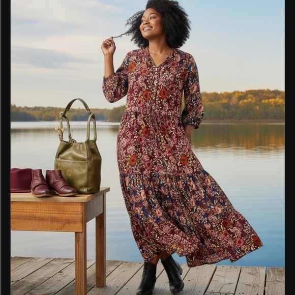 Coldwater Creek Woodland Wonder Maxi Dress Burgundy Floral Sleeve Dress Size 2X - Picture 14 of 14